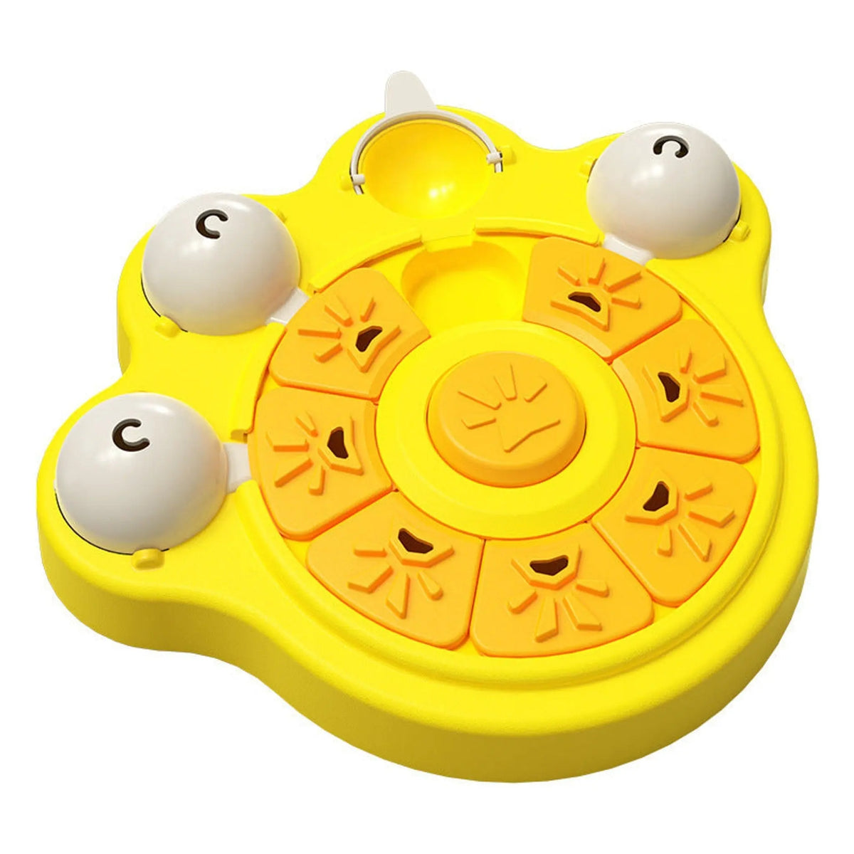 Yellow dog puzzle feeder with sliding panels and round treat compartments