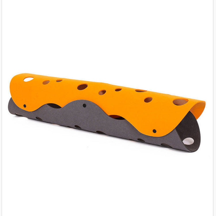 Orange and grey felt cat tunnel toy with peepholes displayed on a white background