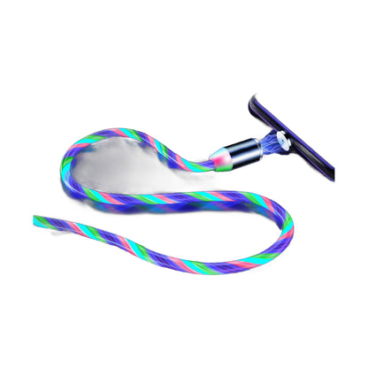 two phones charging with bright blue and white lighted cables on a dark surface