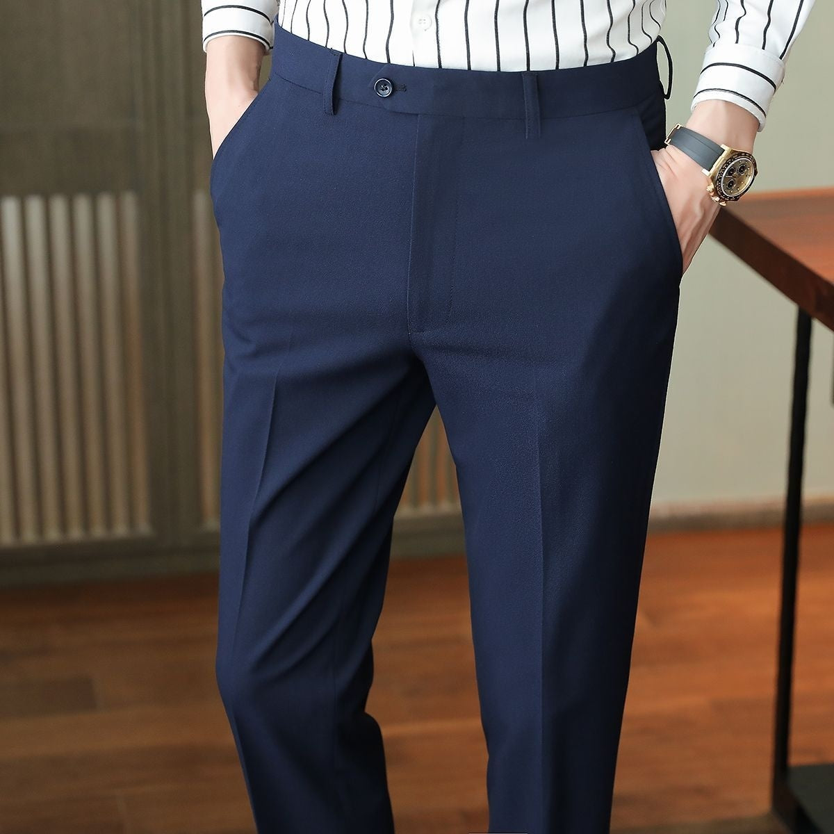 Business Trendy Cropped Non-ironing Suit Pants Navy Blue Nine inch pants
