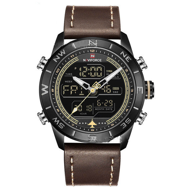 NAVIFORCE 9144 Fashion Gold Men Sport Watches Mens LED Analog Digital Watch Army Military Leather Quartz Watch Relogio Masculino Black yellow