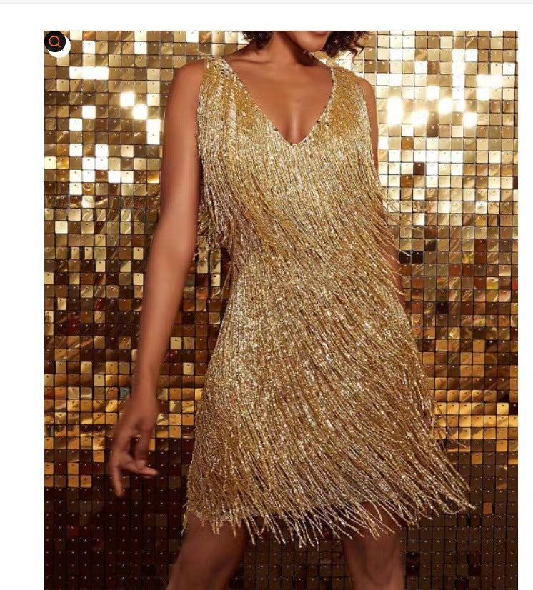 Tassel Elegant Deep V Camisole Gown Dress For Women Yellow