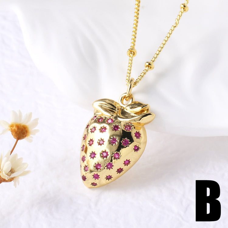 Fruit Strawberry Cherry Pendant Necklace Jewelry For Women B