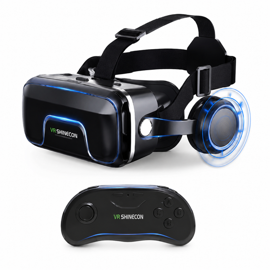 VR headset with controller on a white background, branded as VR Shinecon.