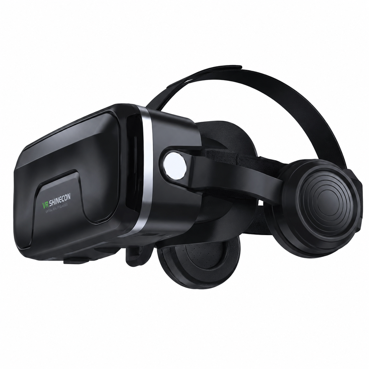 Black VR headset with headphones on a white background