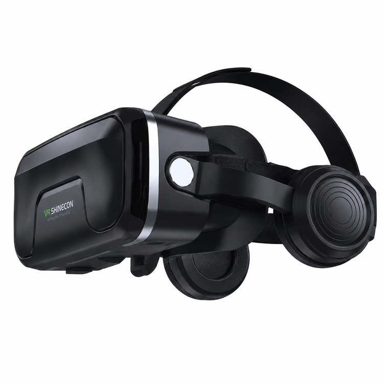 Black VR headset with headphones on a white background