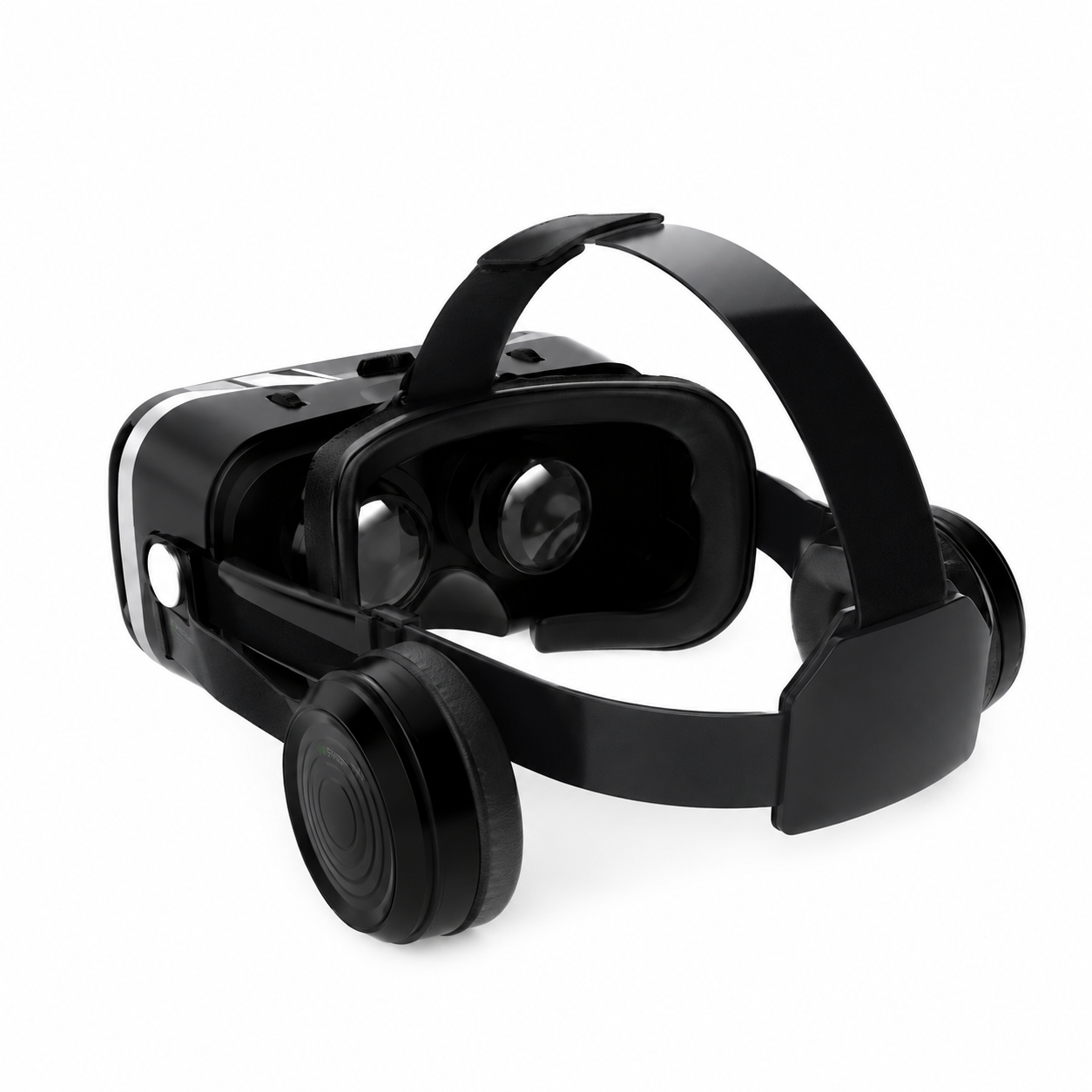 Black virtual reality headset on a white background