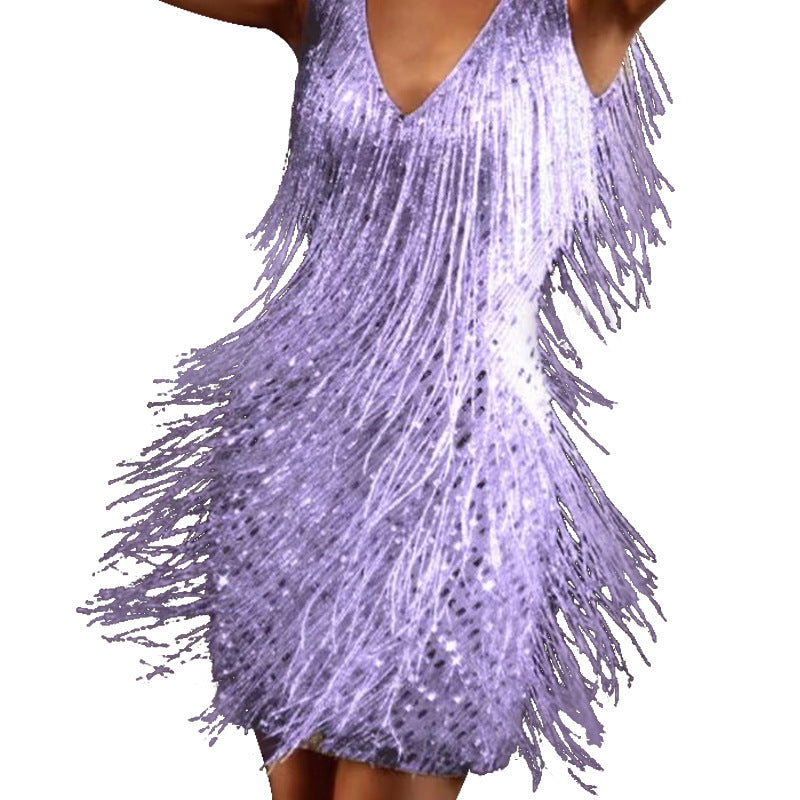 Tassel Elegant Deep V Camisole Gown Dress For Women Purple