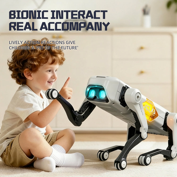 Young child sitting on carpet giving thumbs up to interactive robotic dog toy.