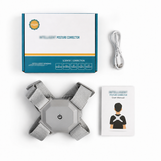 Posture corrector with packaging, user manual, and cable on a white background