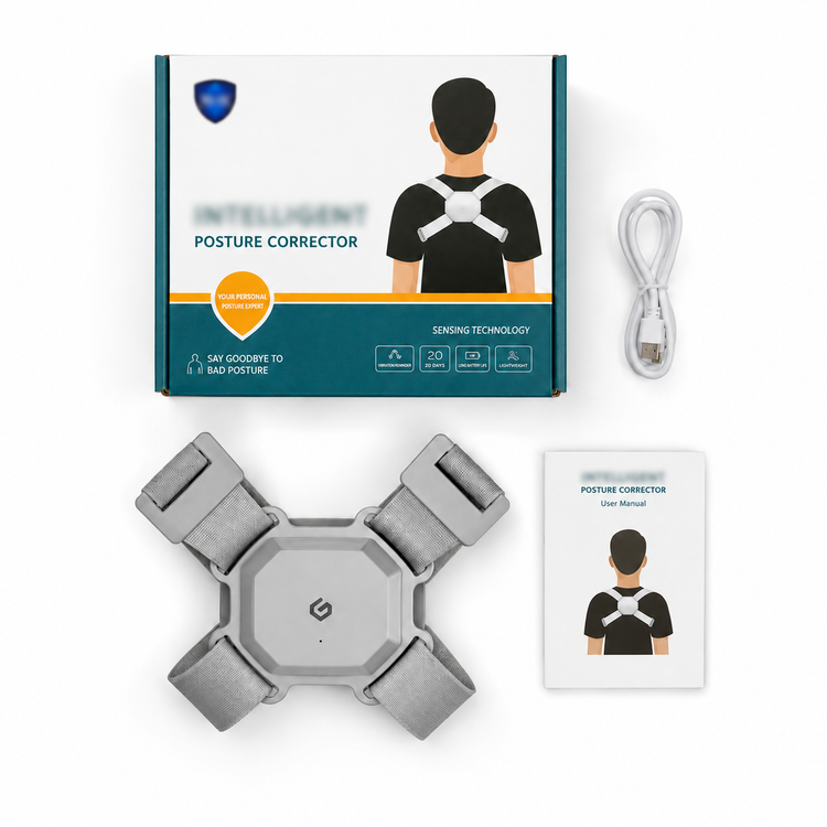 Posture corrector with packaging, manual, and USB cable on a white background