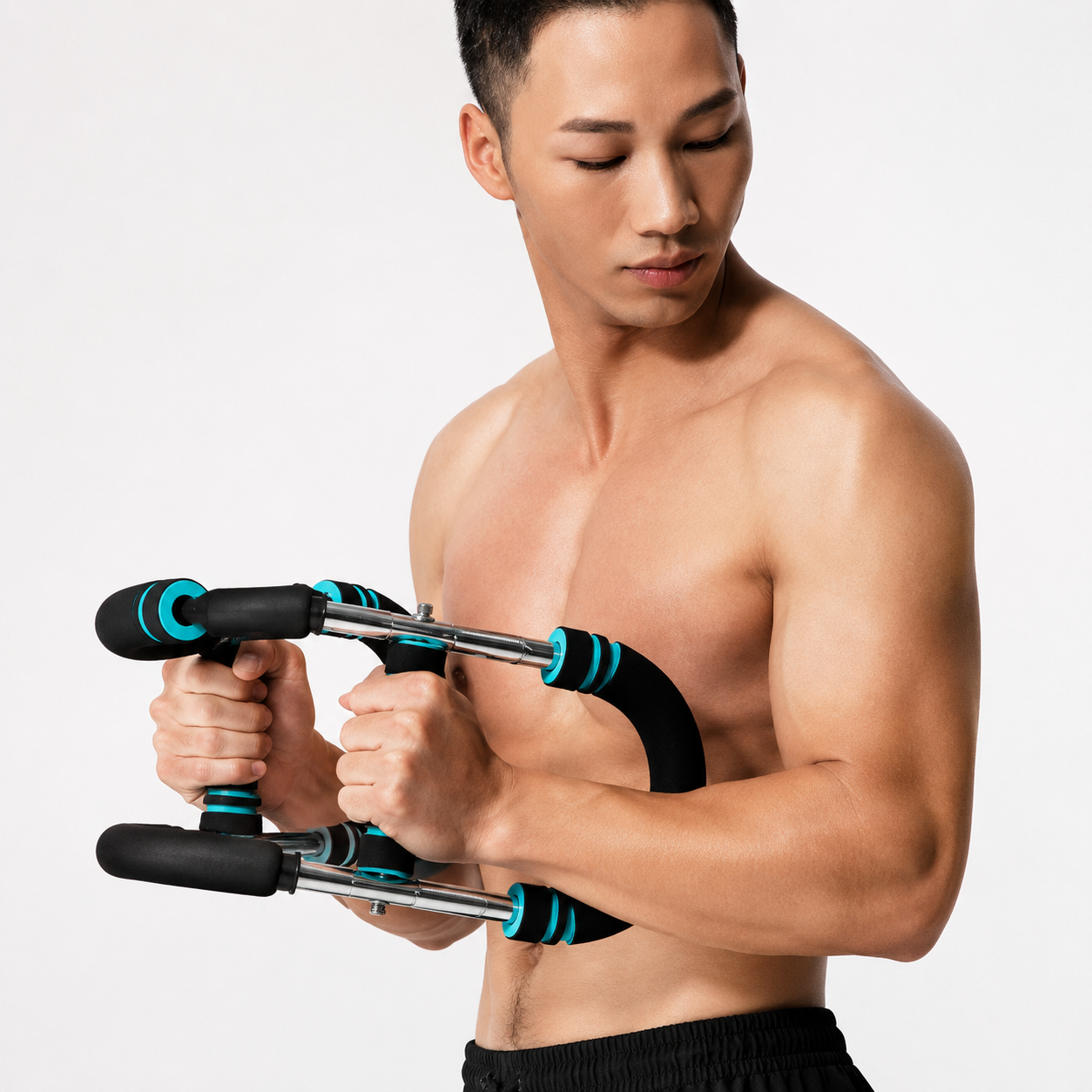 Man using an exercise bar on a plain background