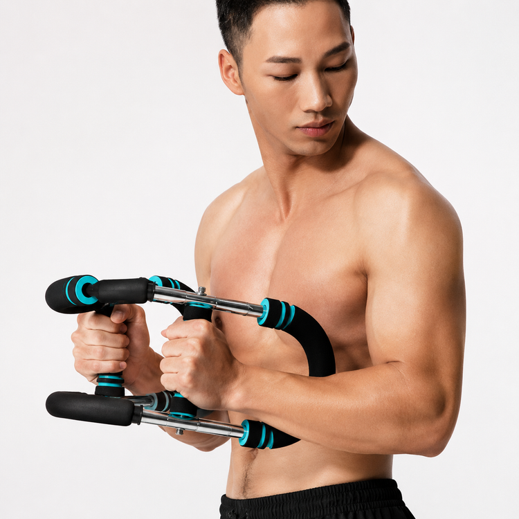 Man using an exercise bar on a plain background