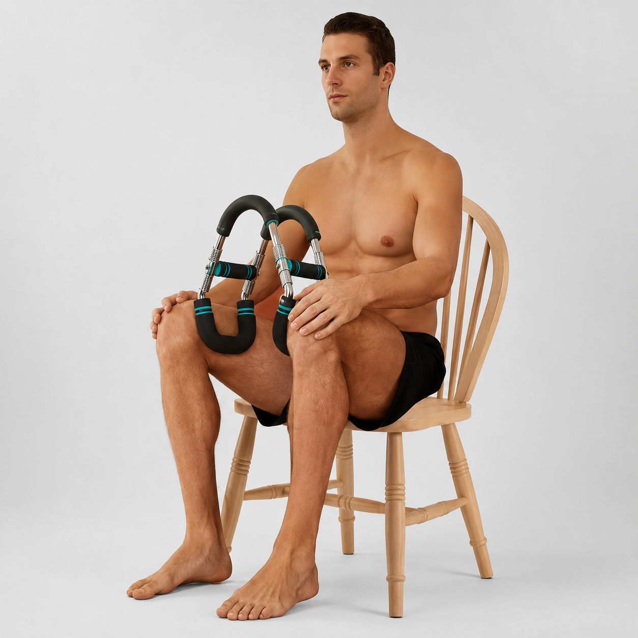 Man sitting on a chair with resistance bands around his legs against a plain background