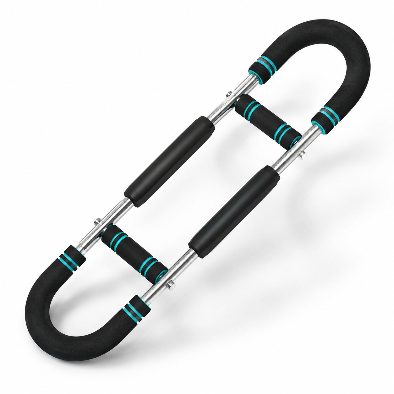 Black and teal exercise handle on a white background