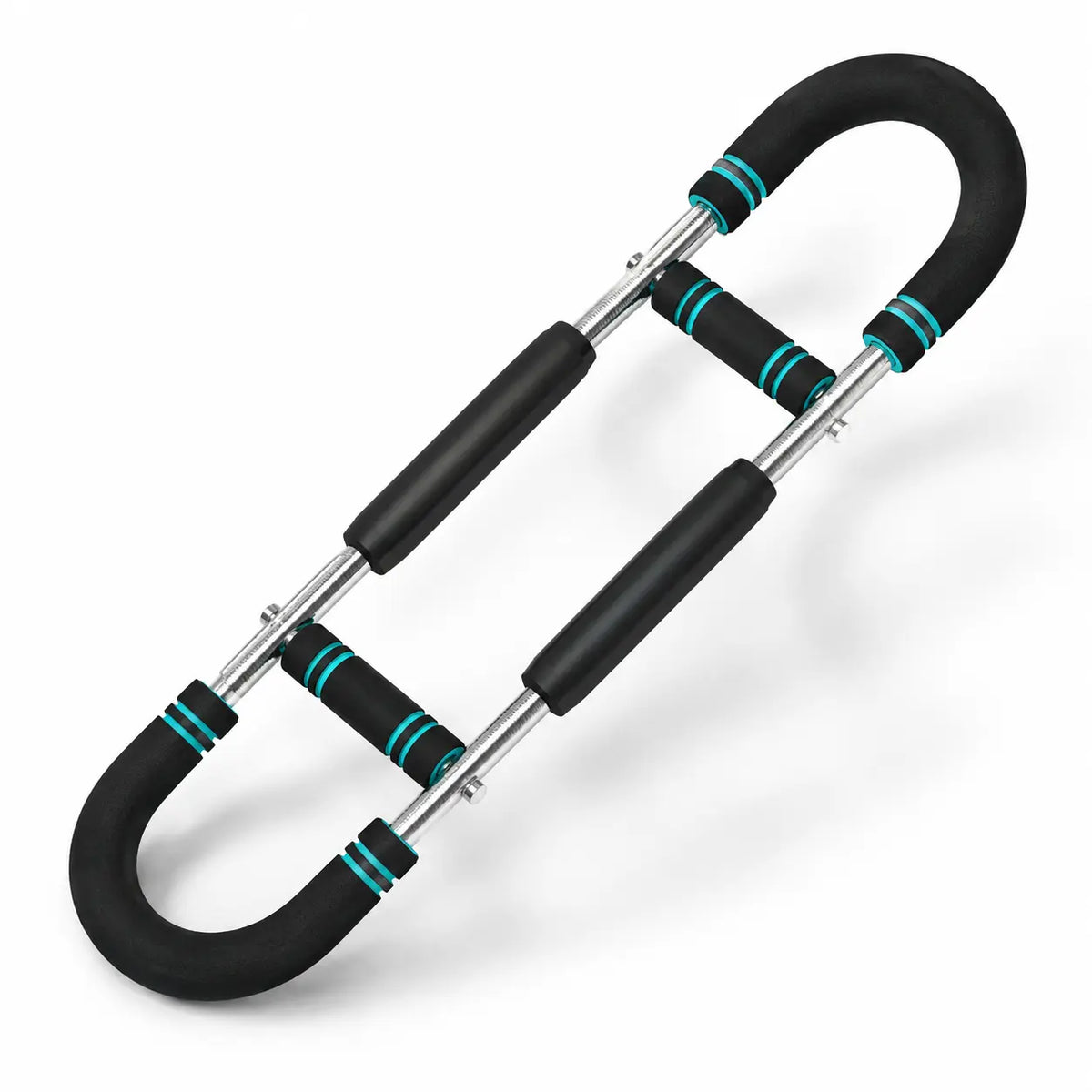 Multi-functional u-shaped arm strengthener black and teal color shown from side angle isolated on white