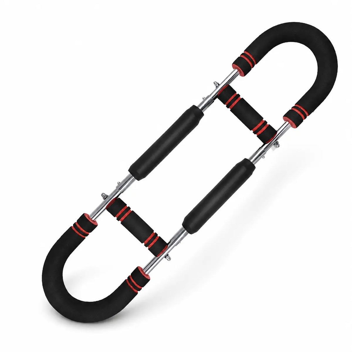Multi-functional u-shaped arm strengthener black and red variant displayed from side angle isolated on white