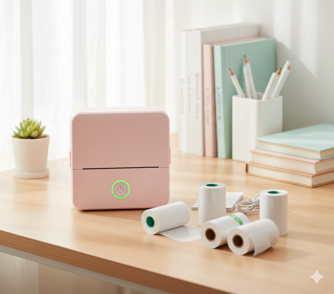 All Pink Portable Student Thermal Printer With Five Roll Set