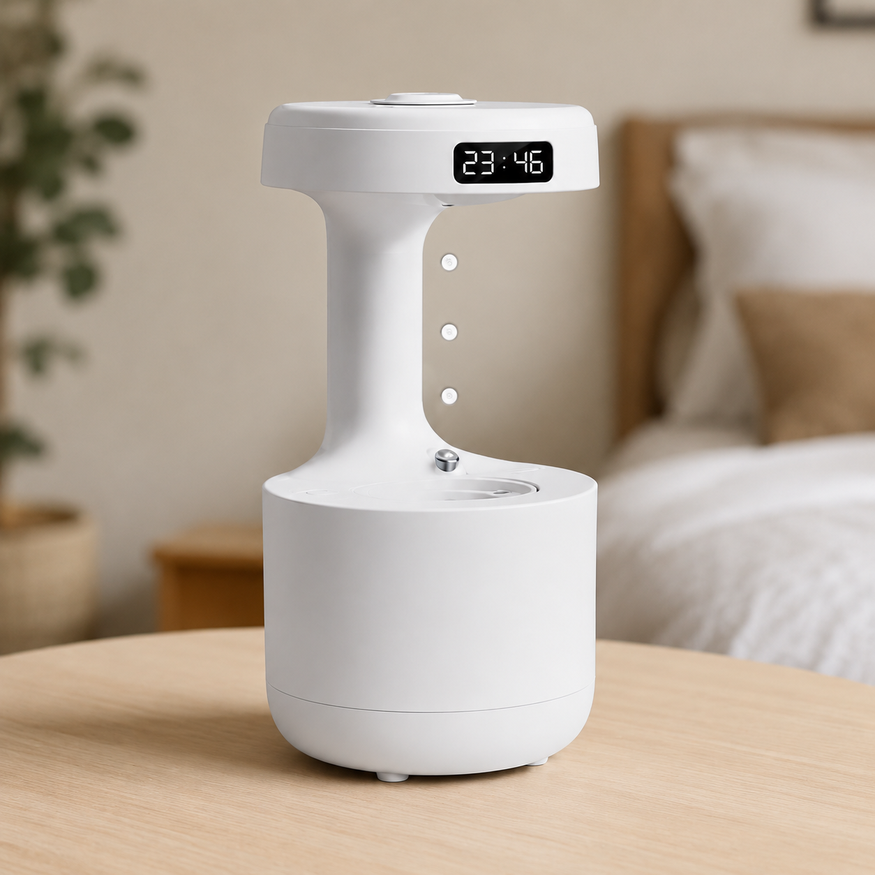 White electronic device with digital display on a wooden surface, bedroom setting
