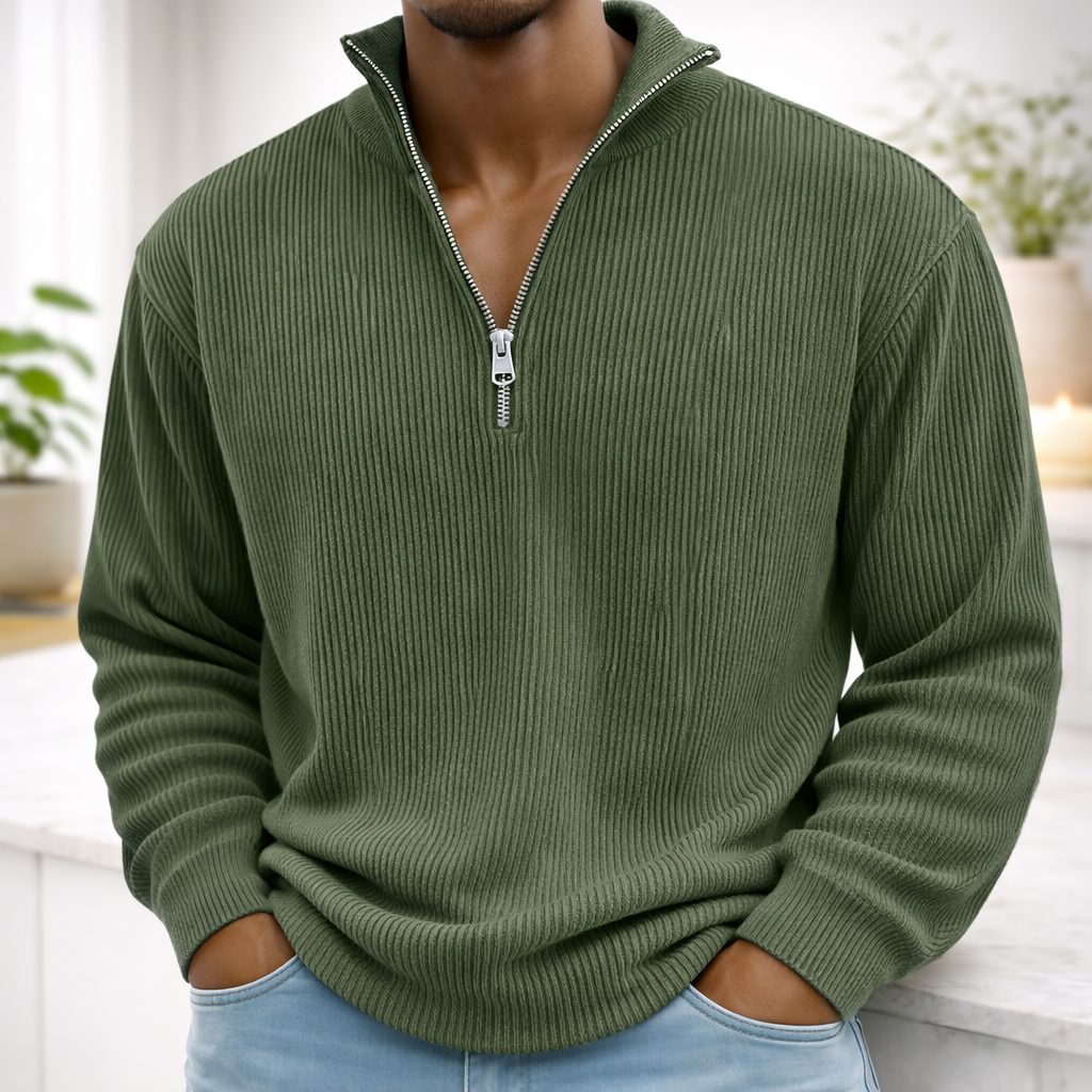 Army Green Men’s Corduroy Stand-Collar Zip Sweatshirt