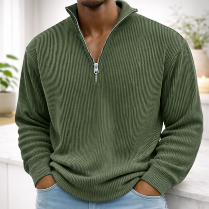 Army Green Men’s Corduroy Stand-Collar Zip Sweatshirt