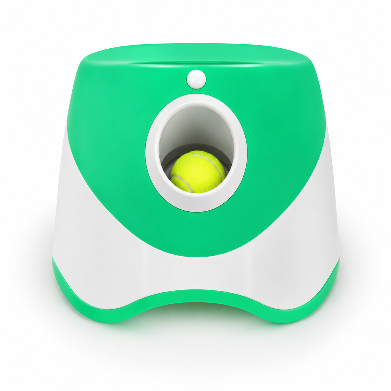 Green and white pet toy with a yellow ball inside on a white background