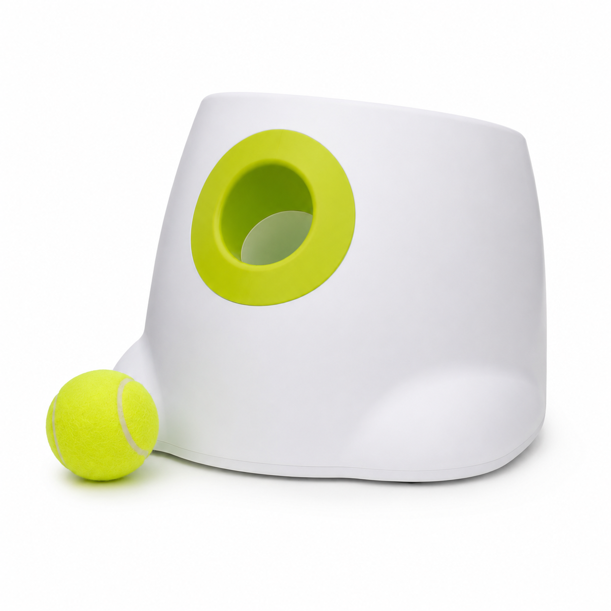 White and green pet toy with a tennis ball on a white background