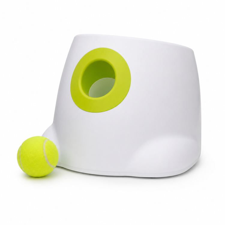 White and green pet toy with a tennis ball on a white background