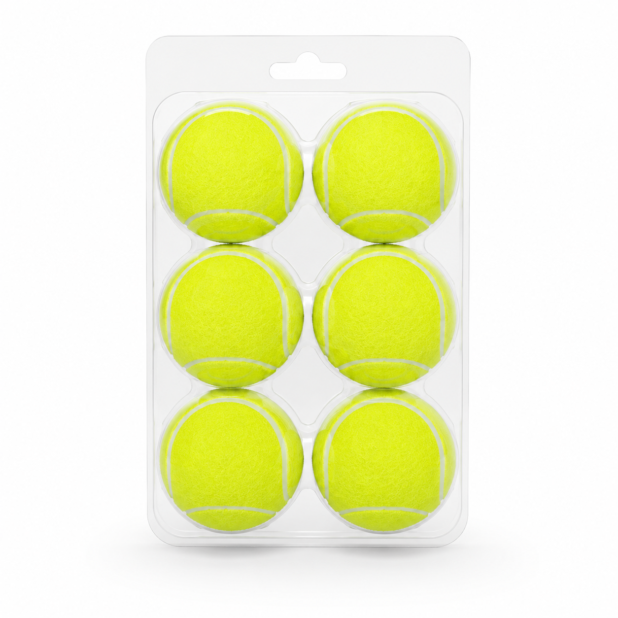 Pack of six yellow tennis balls in a clear plastic packaging on a white background