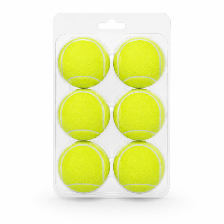 Pack of six yellow tennis balls in a clear plastic packaging on a white background