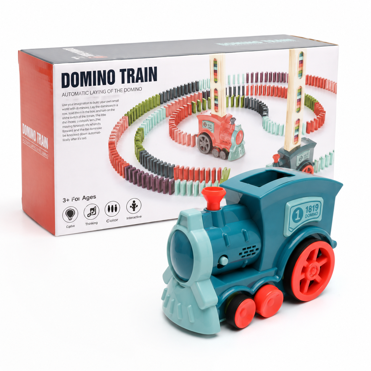 Toy train with colorful dominoes and packaging on a white background