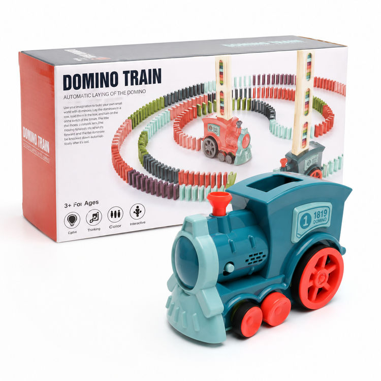 Toy train with colorful dominoes and packaging on a white background