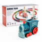 Toy train with colorful dominoes and packaging on a white background