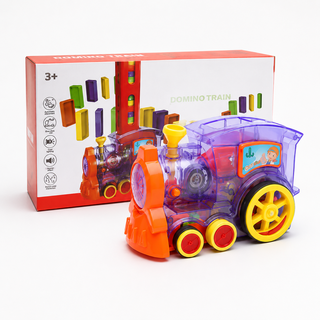 Colorful toy train with a transparent design next to its packaging on a white background
