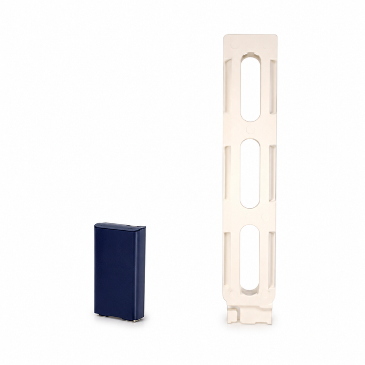Blue rectangular device and beige vertical bracket on a white background