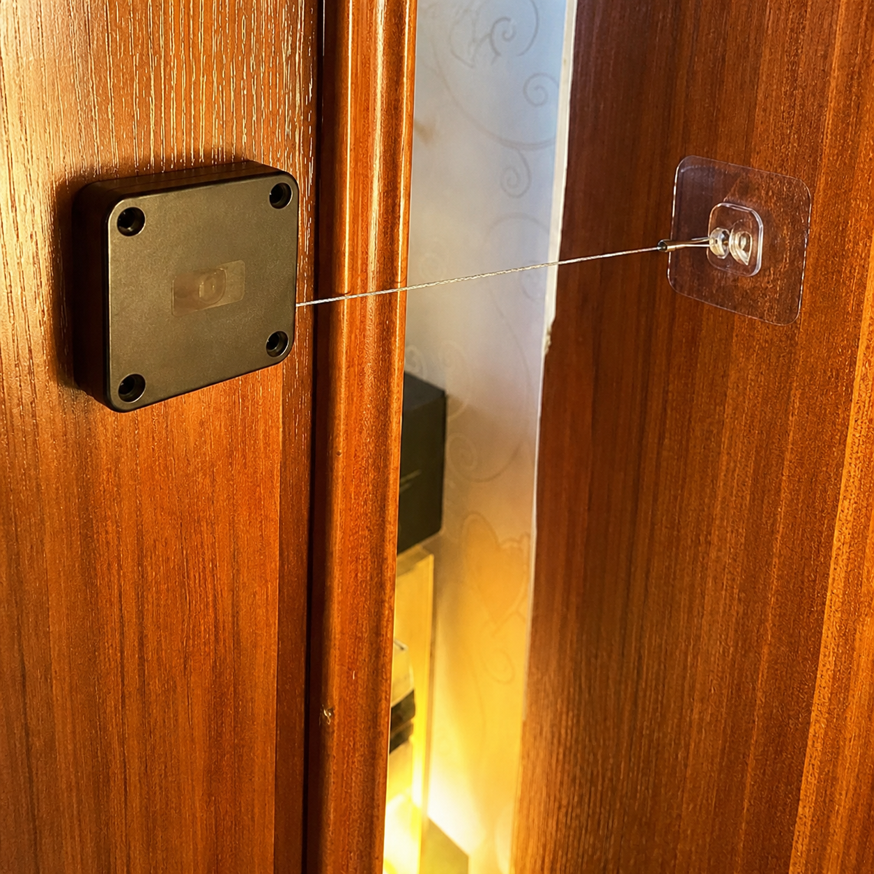 Wooden door with a lock mechanism and visible keyhole.
