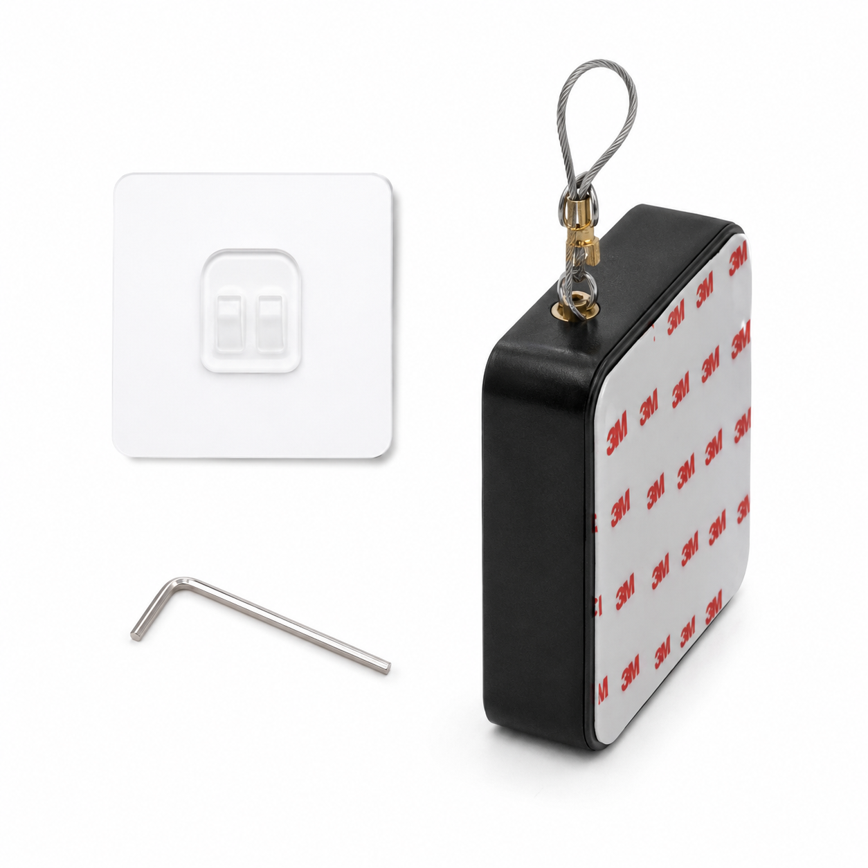 Black square device with 3M adhesive tape, white square label, and screwdriver on a white background