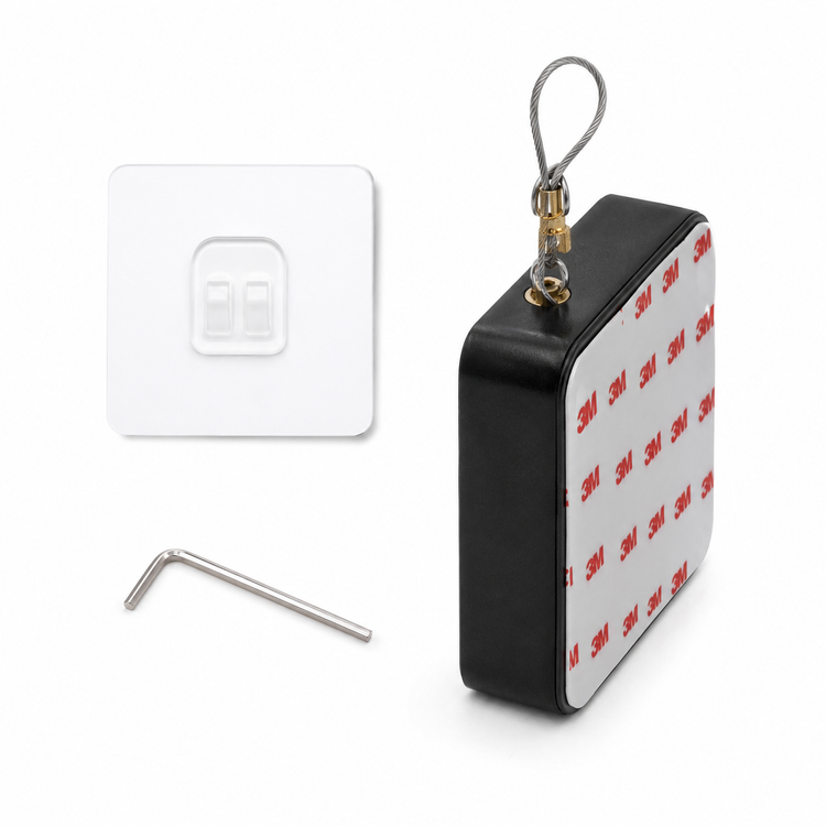 Black square device with 3M adhesive tape, white square label, and screwdriver on a white background
