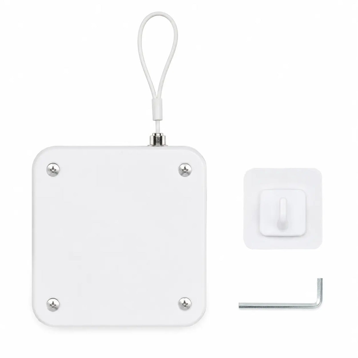 Automatic door closer displaying white square unit with screws, white hook attachment, and metal tool.