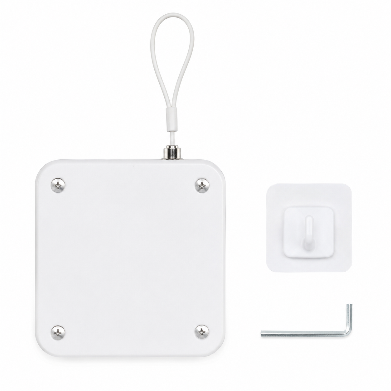 White wall-mounted light switch with a strap on a white background