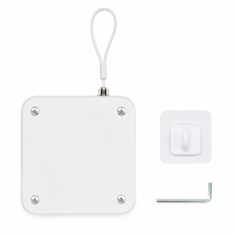 White wall-mounted light switch with a strap on a white background