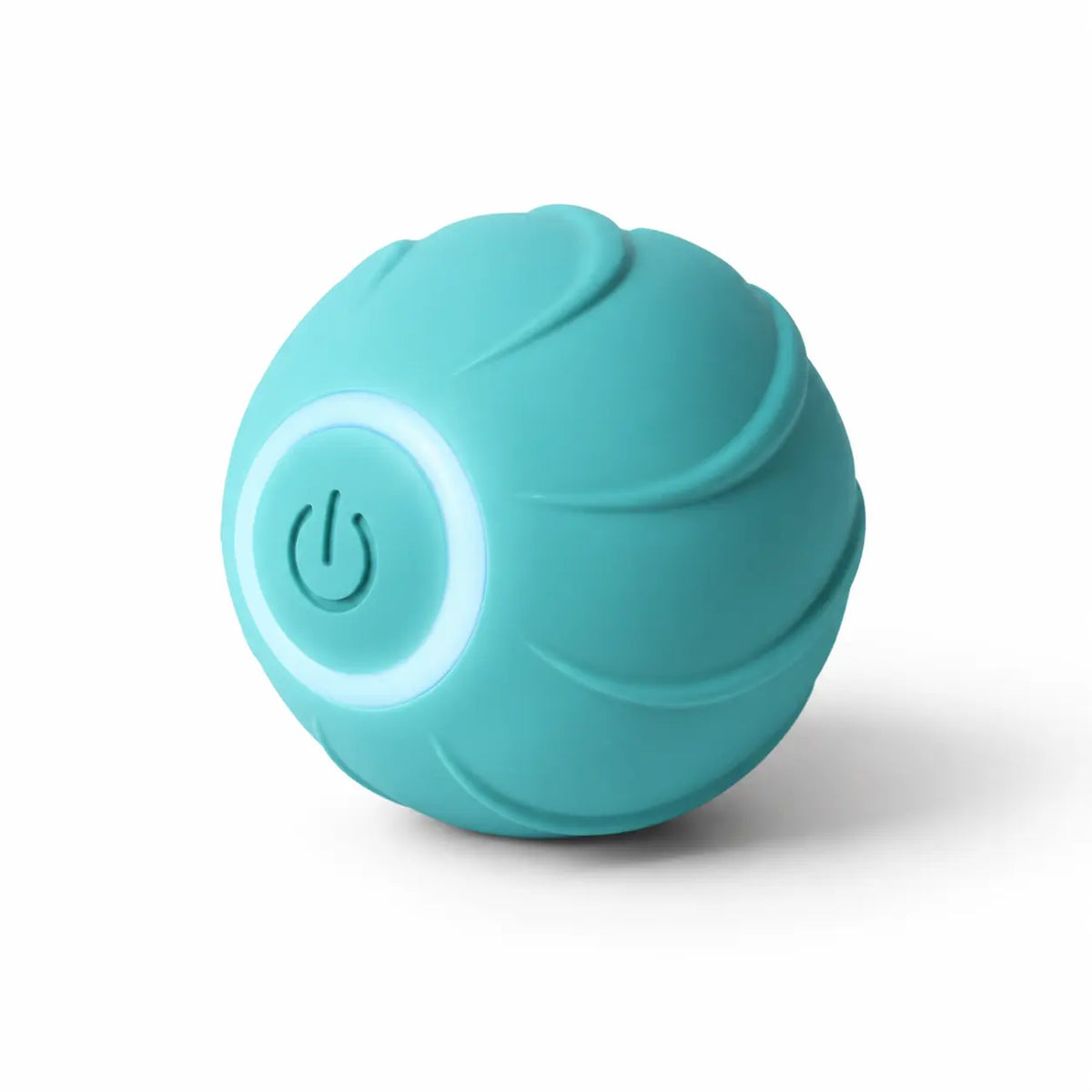 Automatic rolling cat toy ball in teal color with power button and light blue illumination.