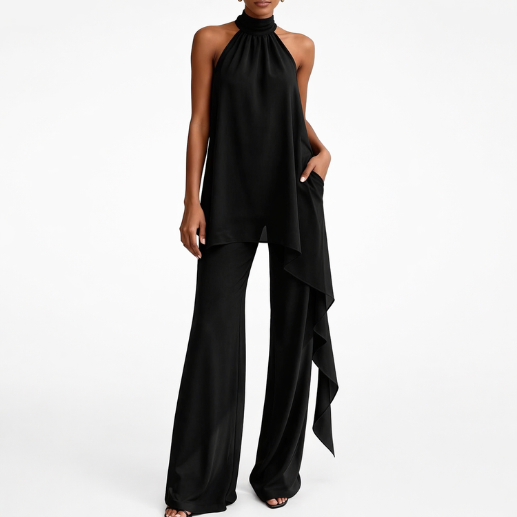 Black halter top and wide-leg pants on a white background