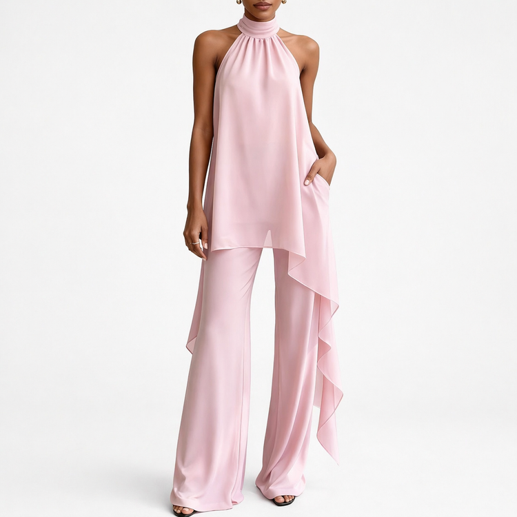 Pink halter top and wide-leg pants set on a white background