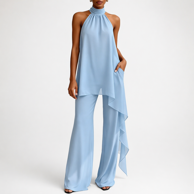 Light blue halter jumpsuit on a white background