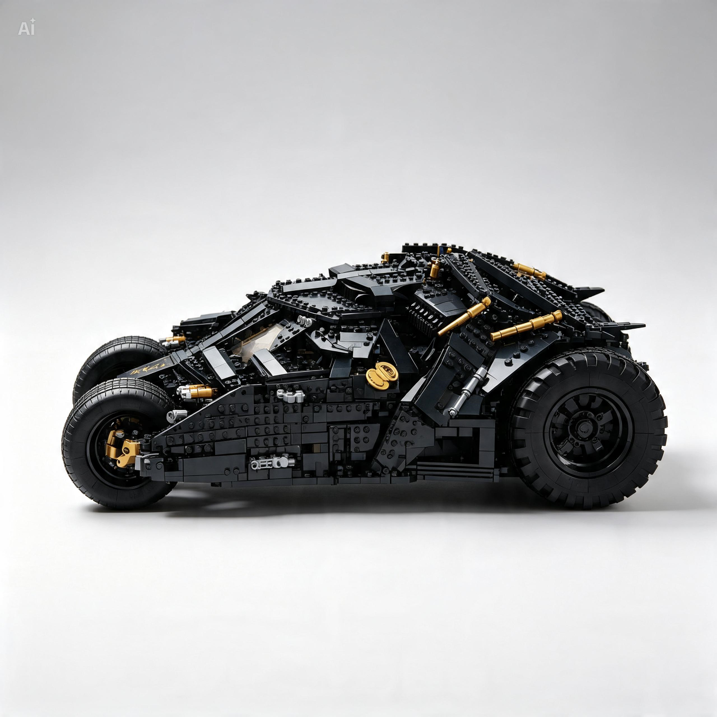A detailed LEGO Batman Batcave vehicle model in side profile, showcasing its intricate black and gray brick construction with gold accents and large rugged tires, set against a clean light gray studio background.