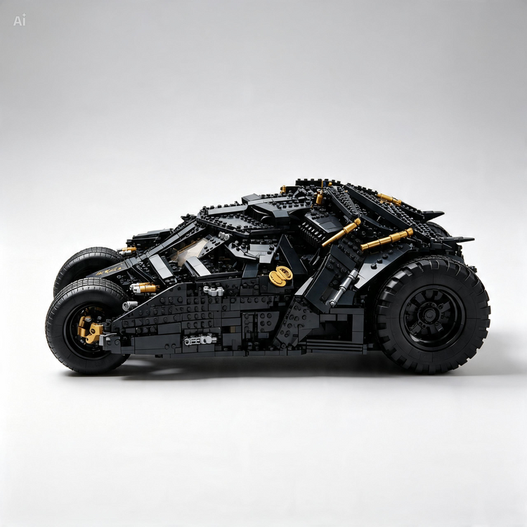 A detailed LEGO Batman Batcave vehicle model in side profile, showcasing its intricate black and gray brick construction with gold accents and large rugged tires, set against a clean light gray studio background.