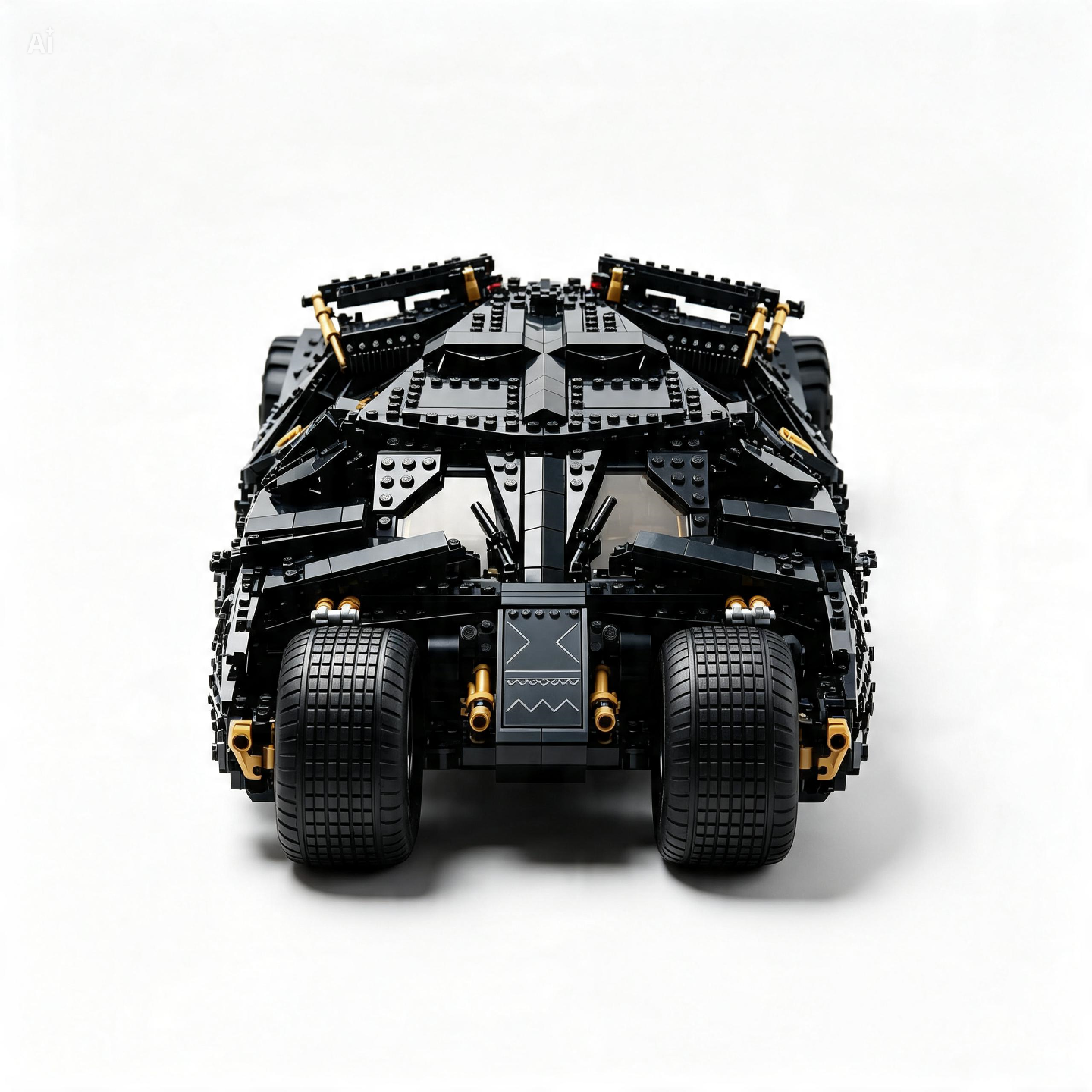 A black and gray toy vehicle model with gold accents, shown from the rear on a clean white background.