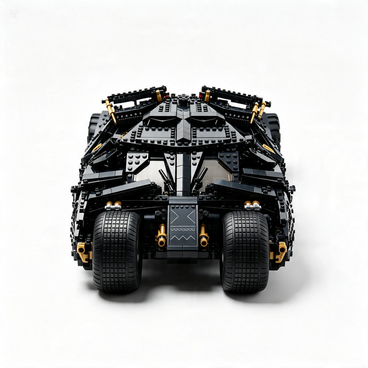 A black and gray toy vehicle model with gold accents, shown from the rear on a clean white background.