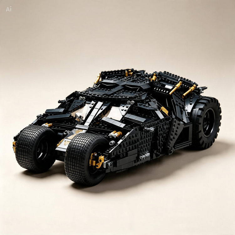 A black and gray toy vehicle built from interlocking blocks, shown on a plain beige studio background. The model has large treaded wheels, a low angular body, and small gold-colored mechanical accents.